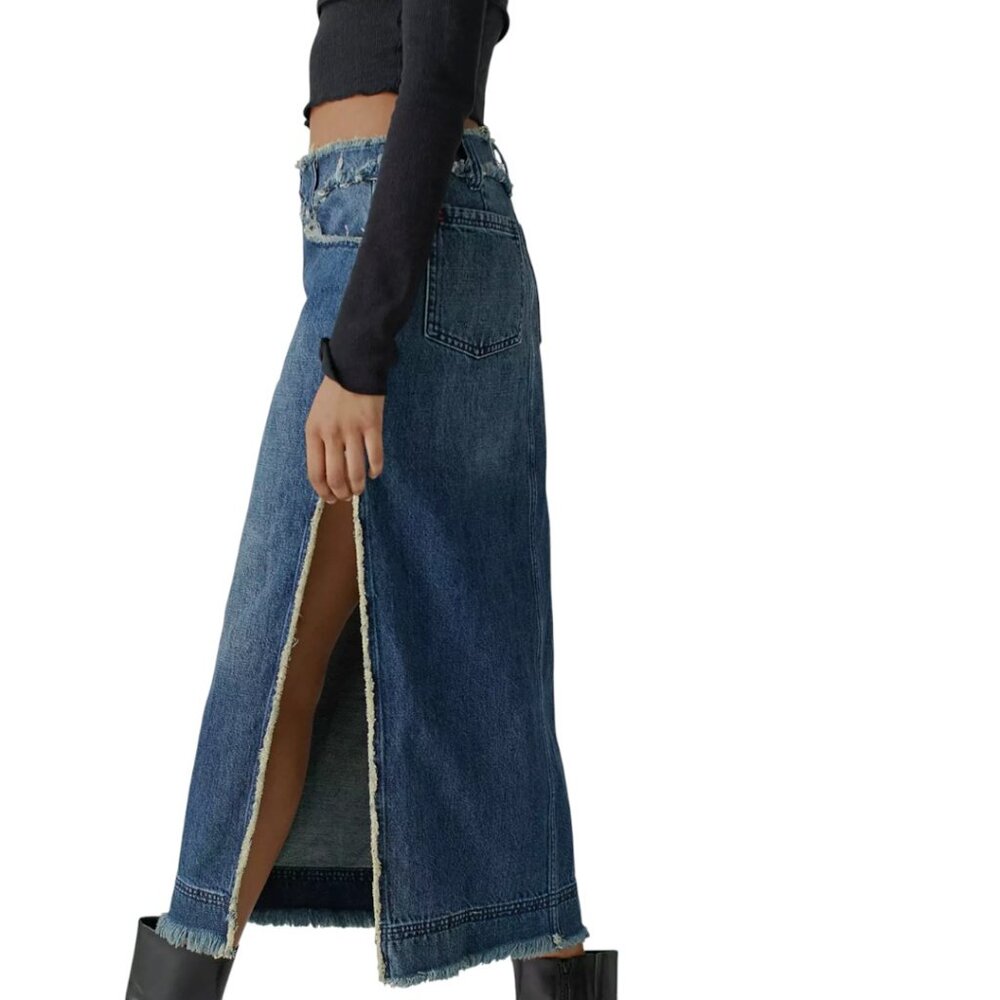 URBAN OUTFITTERS BDG HOLLY DENIM MIDI SKIRT POCKETS Y2K 90'S RAW EDGE NWOT S - Picture 3 of 11